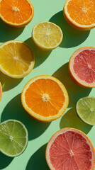 Obraz premium Vibrant composition of citrus slices including oranges, lemons, limes, and grapefruits arranged green background, creating fresh and lively