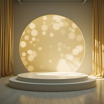 Empty white podium with golden bokeh background and curtains stage platform