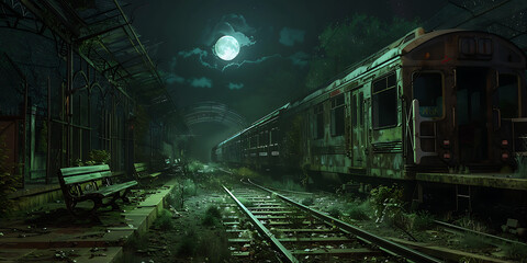 Eerie abandoned train station under a full moon, with overgrown tracks and a derelict carriage.