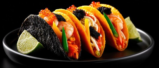 Gourmet fusion tacos filled with seafood, noodles, roe, and vegetables are arranged beautifully on a dark plate with lime wedges.