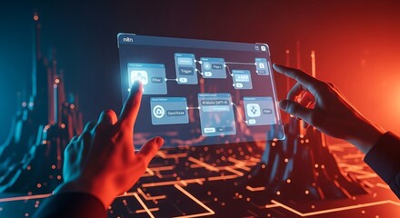 Human hands interacting with futuristic digital interface displaying workflow automation technology