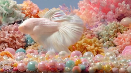 A vibrant, pastel-hued underwater scene showcases a white fish amidst a coral reef teeming with colorful pearls. - Powered by Adobe