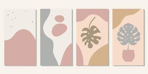 Set of four abstract vertical banners with organic shapes and monstera leaves in muted pastel colors