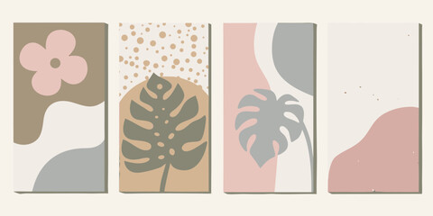 Set of four abstract vertical banners with minimalist organic shapes and botanical elements in muted earth tones