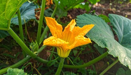 Vibrant, bright yellow flower blossoms atop a lush green vine, showcasing nature's beauty in detail.