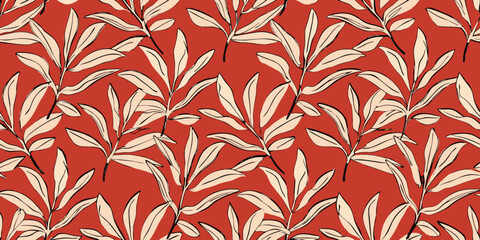 Seamless pattern of stylized beige leaves on a warm red background with black outline detail
