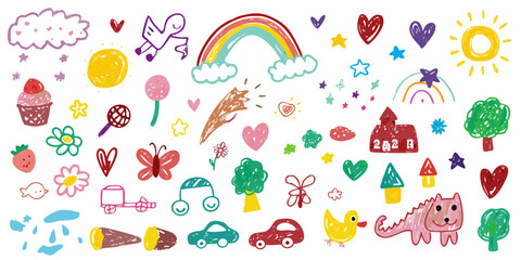 Whimsical hand drawn doodles featuring rainbows clouds sun hearts flowers and cute animals for childrens designs