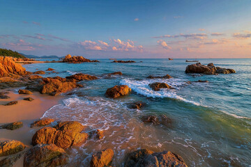 Obraz premium Serene seaside escape: Golden sand, azure waters, and rocky formations at dusk