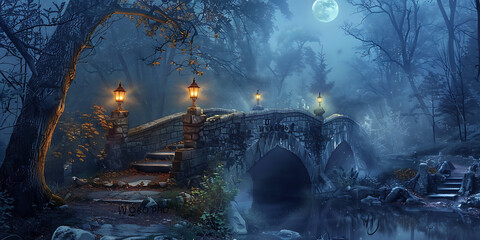 Enchanting stone bridge lit by lanterns over a misty river under a full moon