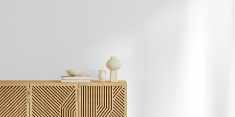 Light wood sideboard cabinet with ceramic vases isolated PNG, wall background removed with shadows