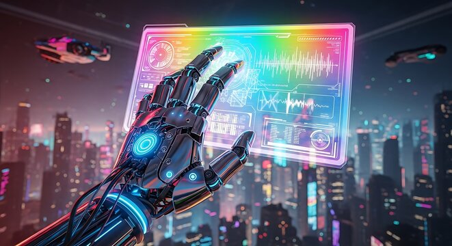 Robotic hand interacting with futuristic holographic display in neon city image photo - Powered by Adobe
