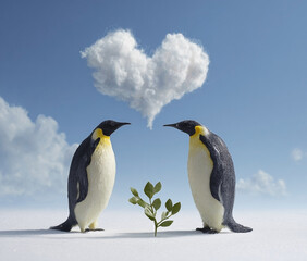 Obraz premium Antarctic Allegory: Penguins under a Cloud Heart, Emblematic of Growth and Devotion