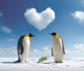 Fototapeta premium Penguin Pair Under a Heart-Shaped Cloud: An Antarctic Affectionate Encounter
