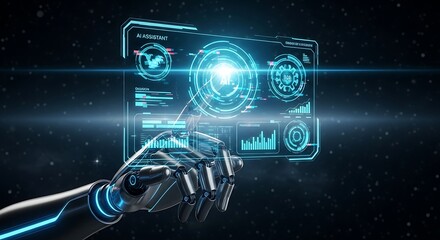 Robotic hand touches AI assistant interface with glowing circular diagrams artificial intelligence