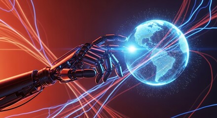 Robotic hand touching glowing digital Earth with energy lines radiating outwards technology