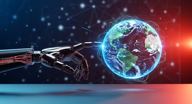 Robotic hand touching glowing Earth with global network connections artificial intelligence - Powered by Adobe