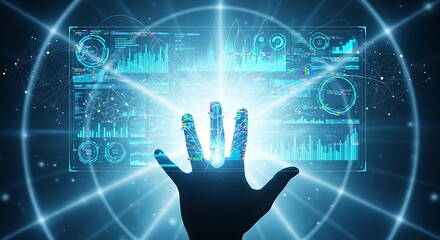 Silhouette of hand reaching towards a bright glowing futuristic digital interface with data and charts