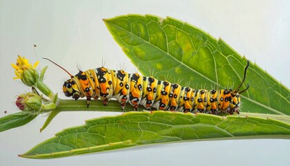 Fototapeta premium A vibrant caterpillar with striking orange, black, and yellow patterns rests gracefully on a verdant leaf, showcasing intricate details against a plain white background.