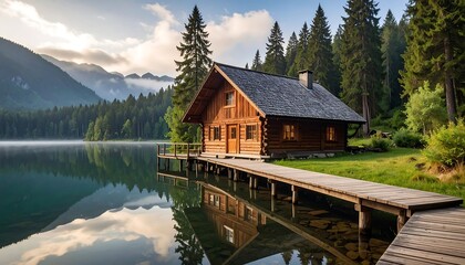 Fototapeta premium A peaceful log cabin sits on a serene lake, nestled amongst lush green trees and mountains.