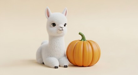 Adorable fluffy white llama sitting next to a bright orange pumpkin against a soft beige background for autumn celebrations
