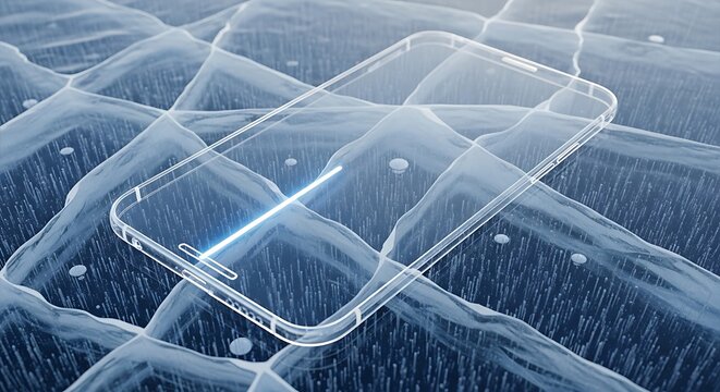 Clear phone case on frozen lake surface showing ice cracks and frozen bubbles in a cold winter scene