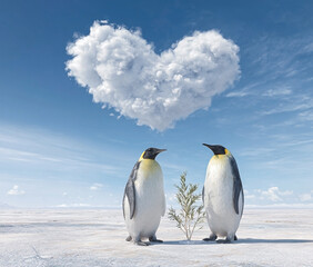Fototapeta premium Antarctic Affection: Penguins Under a Cloud Shaped Like a Heart Symbolizing Love