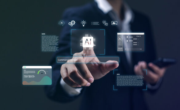 Businessman using artificial intelligence technology interface with AI icons, data analytics, and digital innovation concept for machine learning, automation and future technology solutions.