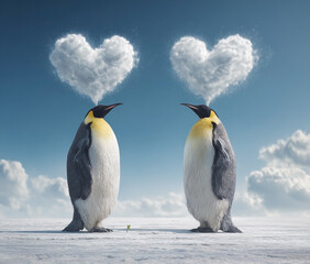 Fototapeta premium Emperor penguins expressing affection with heart-shaped cloud formations over arctic landscape