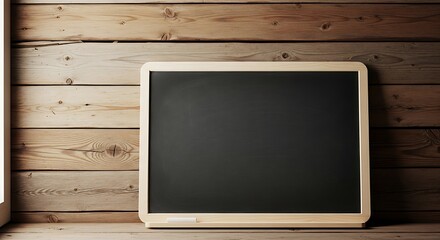 Blank chalkboard leaning against wooden backdrop, for versatile design use