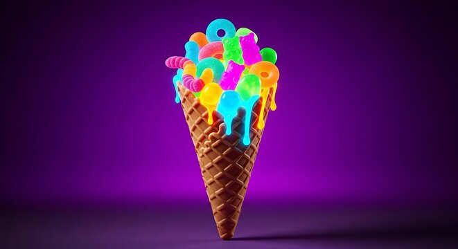 Neon candy overflowing from a waffle cone on a purple background creating a vibrant and playful dessert scene