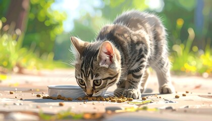 A charming kitten, with striped fur and bright eyes, is intently focused on eating food from a small bowl on a light-brown, textured surface, bathed in warm sunlight, amidst a bokeh-blurred...