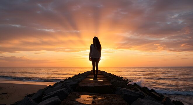 Silhouette of a person on a stone path facing a sunset with golden light