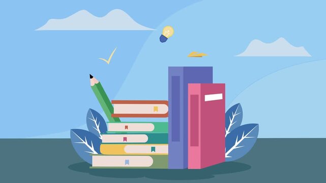 man sit on books while surfing internet with a laptop cartoon animation backgrounds video . knowledge online learning by internet education concept animated footage motion graphic illustration design