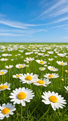 Vast field of blooming white daisies under a vibrant blue sky with fluffy clouds