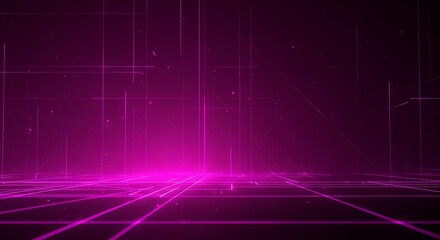 Futuristic digital technology background with glowing magenta lines forming a perspective grid in deep virtual space