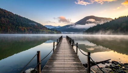 Obraz premium A serene wooden pier extends into a tranquil lake, shrouded in morning mist, framed by misty mountains and colorful foliage.