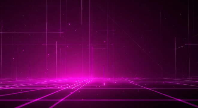 Futuristic digital technology background with glowing magenta lines forming a perspective grid in deep virtual space