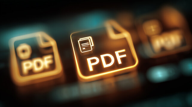 Glowing PDF icons present the idea of digital documents and standardized format, conveying easy sharing conversion security and the modern workflow of paperless offices.
