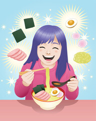 illustration of a  girl eating ramen noodle on multi-starburst background