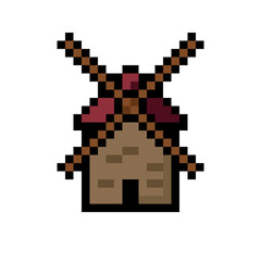 Pixel Art of a Traditional Windmill with Red Roof