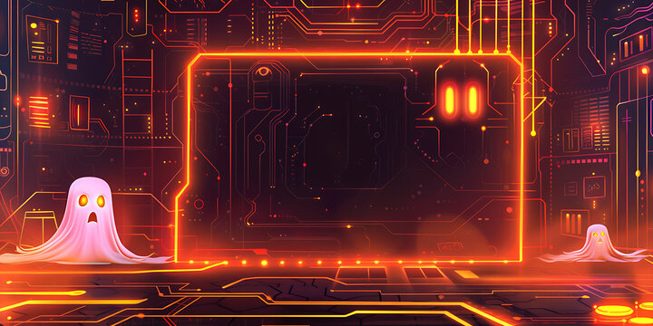 Cute surprised ghosts in a futuristic neon circuit board environment