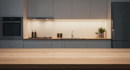 Fototapeta premium Empty Wooden Table with Blurred Gray Modern Kitchen Background