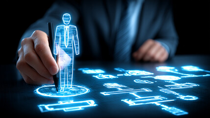 Executive drawing a digital human avatar on an interface representing talent acquisition personalization and strategic human resources analytics and planning.
