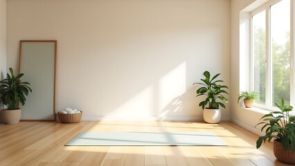 Serene sanctuary for wellness featuring a yoga mat on a sun-drenched wooden floor surrounded by houseplants and natural light