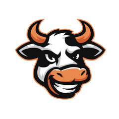 A cartoon-style cow head features bold black and white colors with orange accents, displaying a confident grin. The design captures a playful yet fierce character.