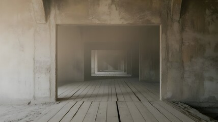 Fototapeta premium Exploring an Abandoned Industrial Building Interior Showing Dust Covered Wooden Floor and Concrete Walls for Post Apocalyptic or Decay Concept Design