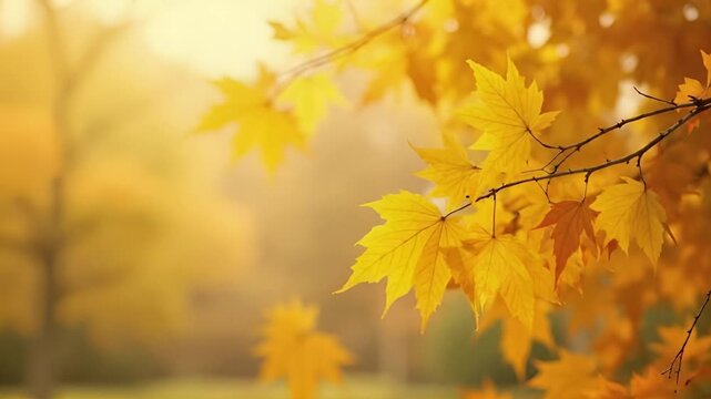 Yellow autumn leaves on tree branches in the forest