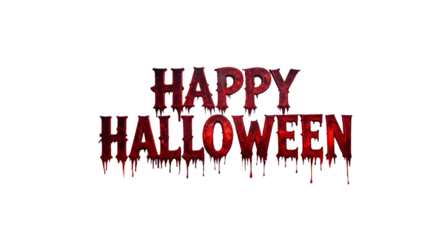 Happy Halloween thematic lettering with a spooky, dripping blood effect. Scary text design element for posters and flyers, isolated on a transparent background for easy use.