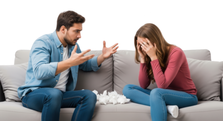 Couple arguing on couch woman crying man frustrated modern design composition influenced by Couple