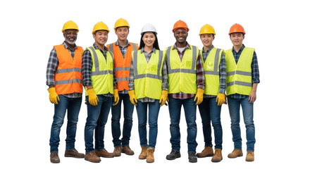 Diverse construction workers in safety gear standing together modern design composition influenced by Diverse